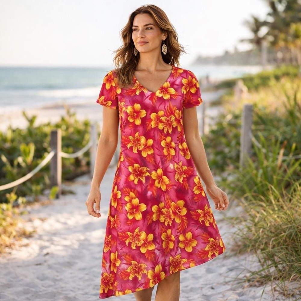 Multicolor Tropical Floral‎ Handkerchief Hem Dress Vacation Cruise Midi Maxi 12